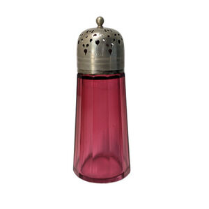 Antique Victorian Cranberry Glass Paneled Sugar Shaker Muffineer Silver Plated